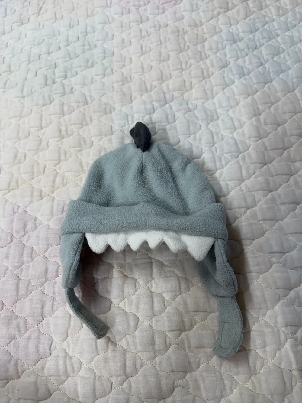Children's Shark Fleece Earflap Hat in Light Gray with White Teeth infant